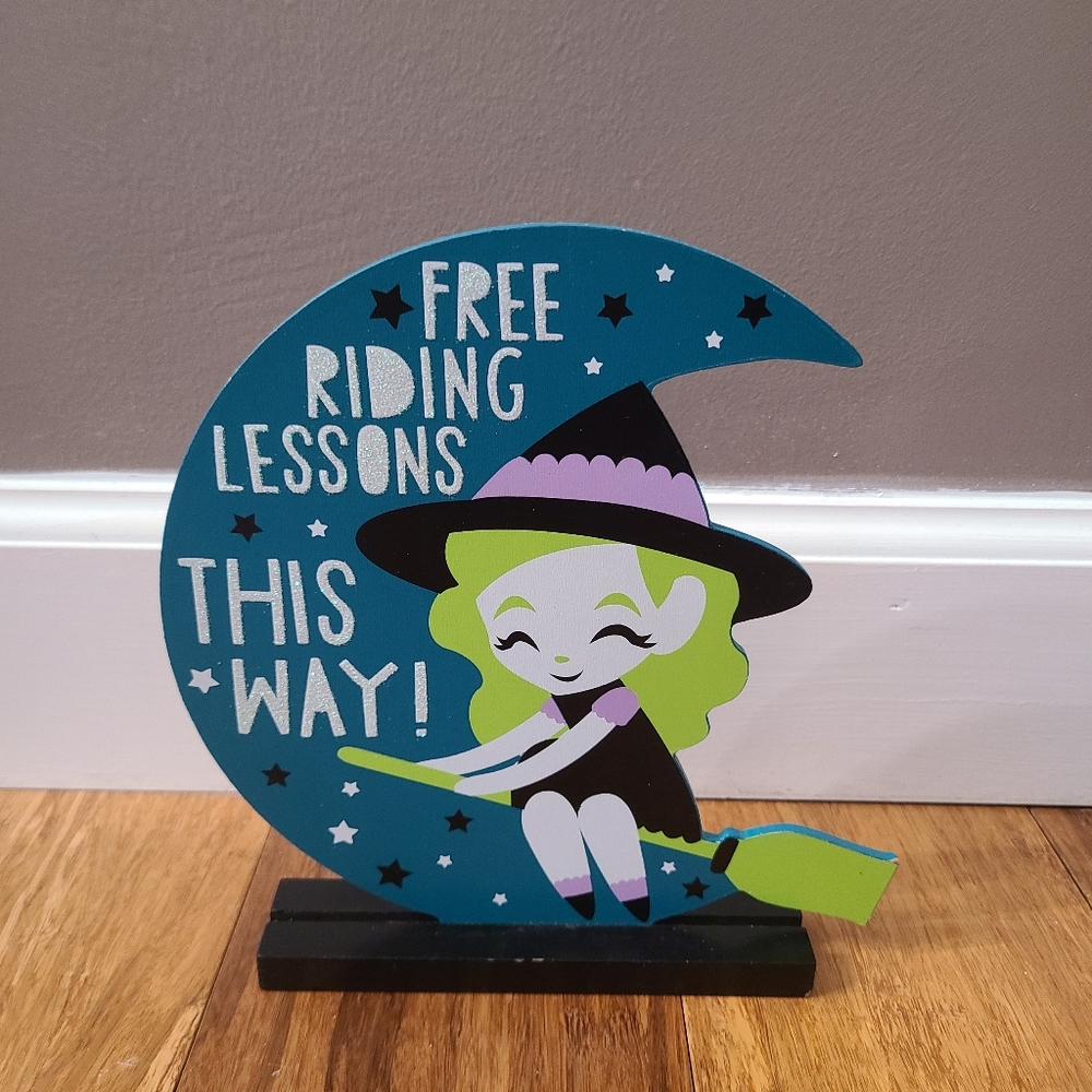 Rare Halloween Witch Free Broom Riding Lessons Tabletop Tiered Tray Sign Decor